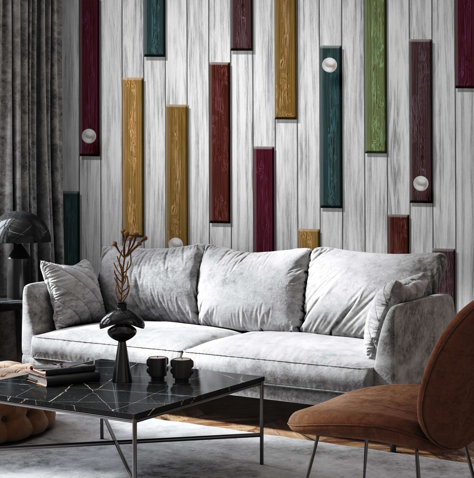 Фотошпалери різнокольорові смужки на сірому тлі