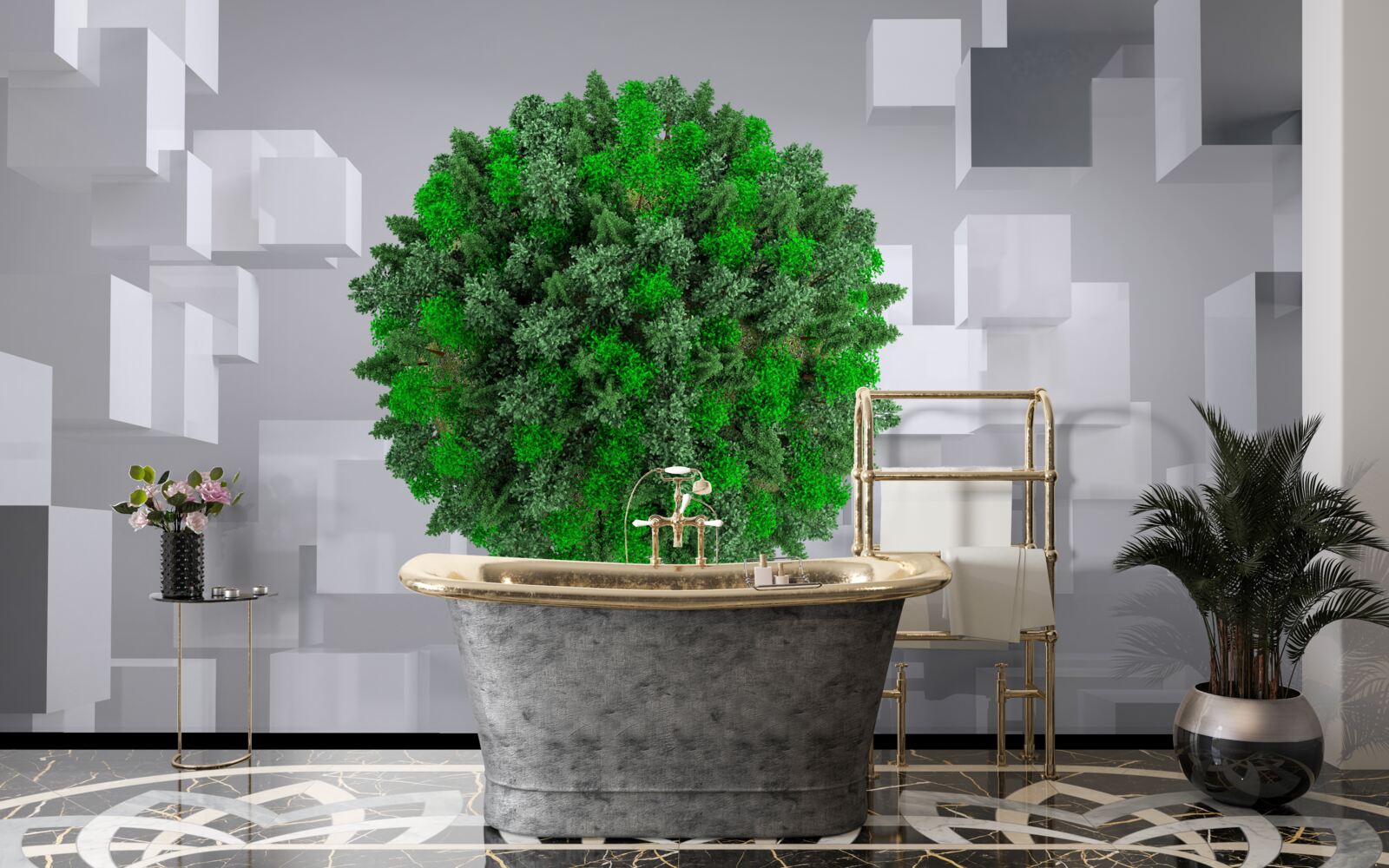 Фотошпалери геометрична карта, вкрита зеленою мантією рослин