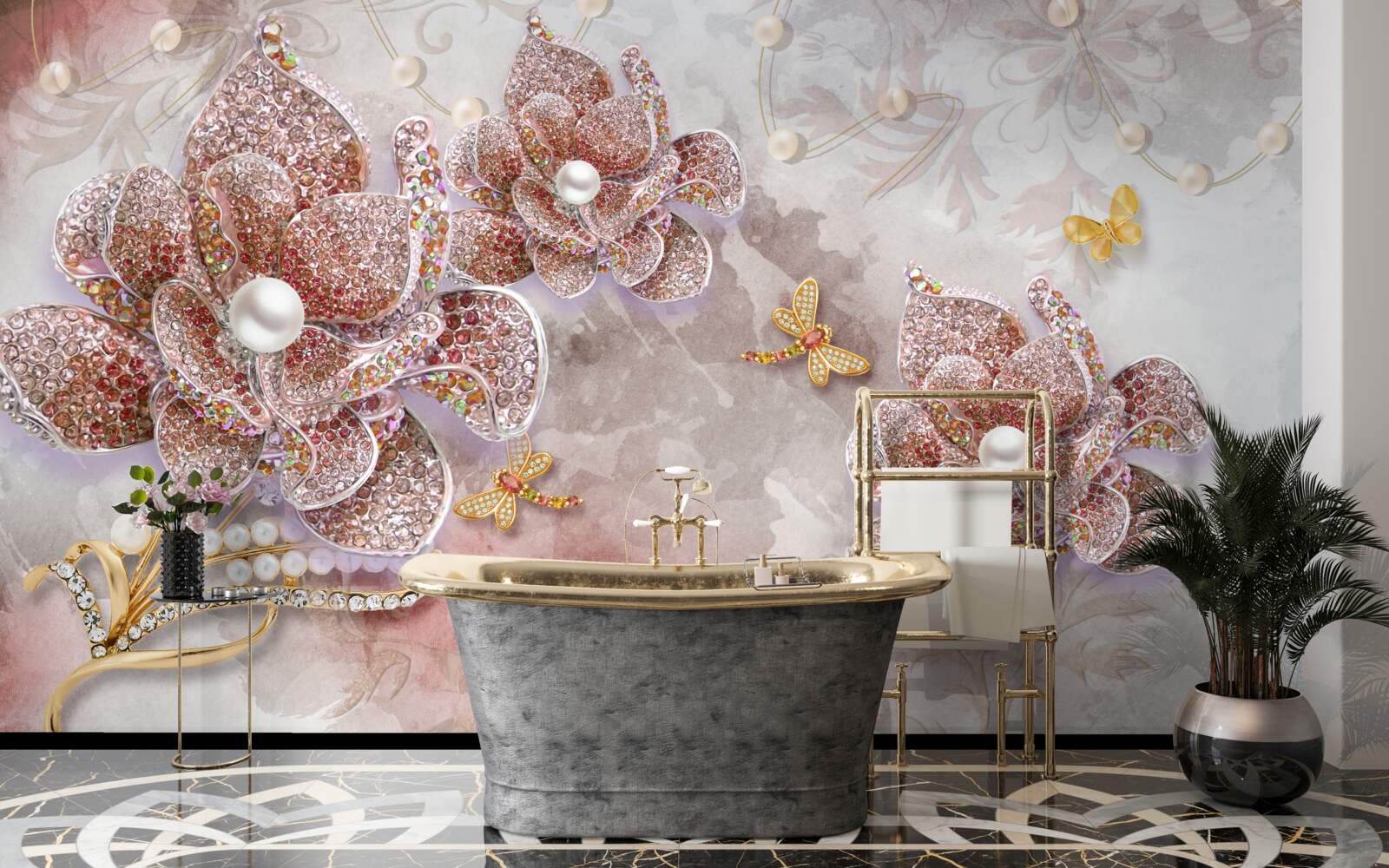 Фотошпалери квіткові бутони з червоного каміння та перламутру