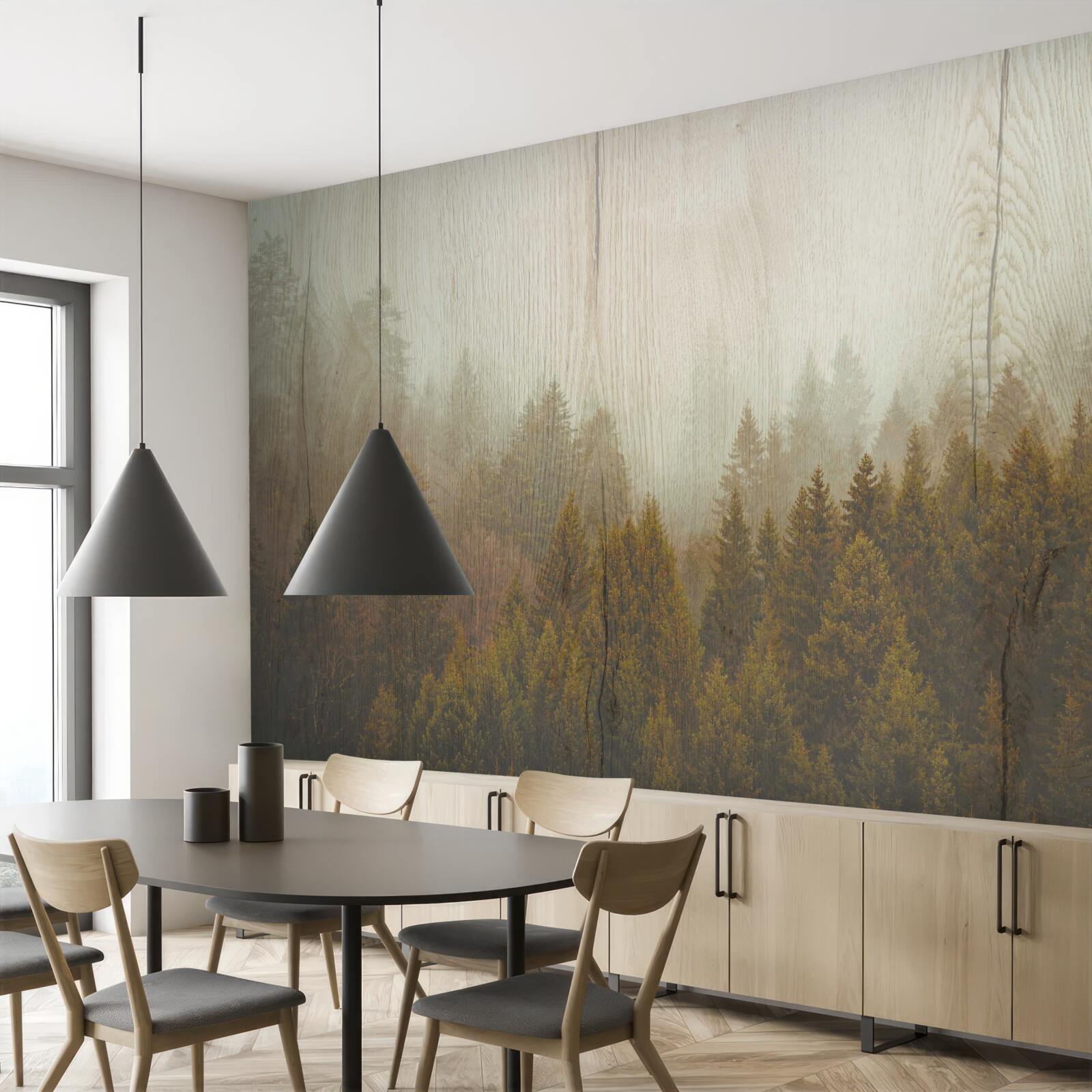 Фотошпалери туманний ліс восени