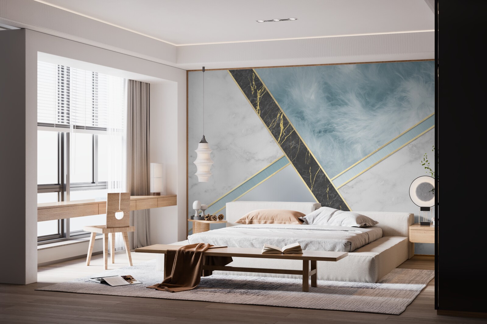 Фотошпалери мармур у відтінках сірого та синього з елементами чорного