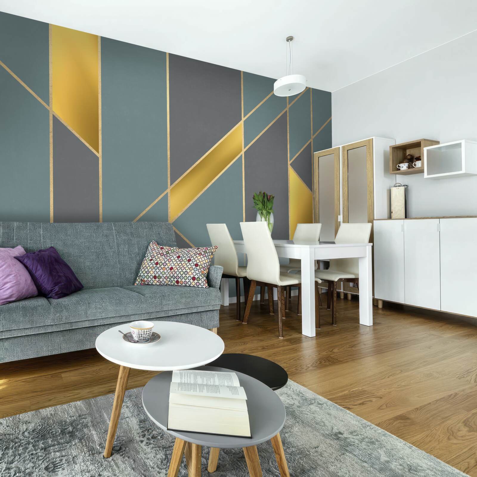 Фотошпалери сині фігури з золотими акцентами