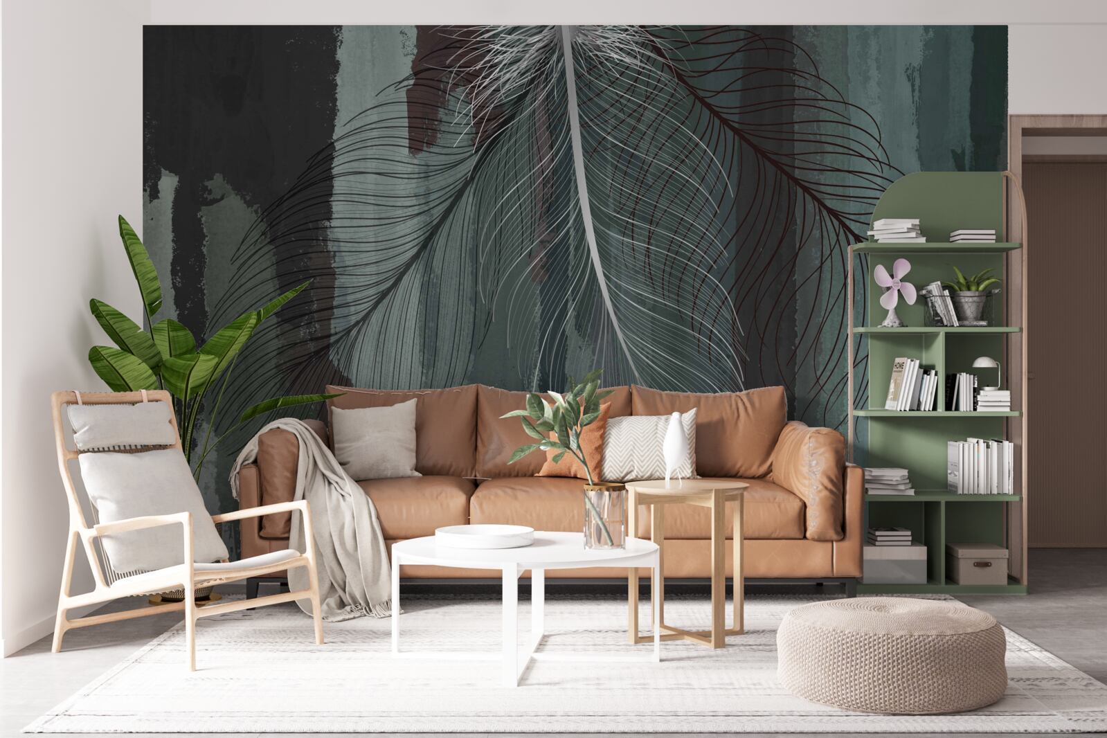 Фотошпалери темний фон, прикрашений тропічним пір'ям