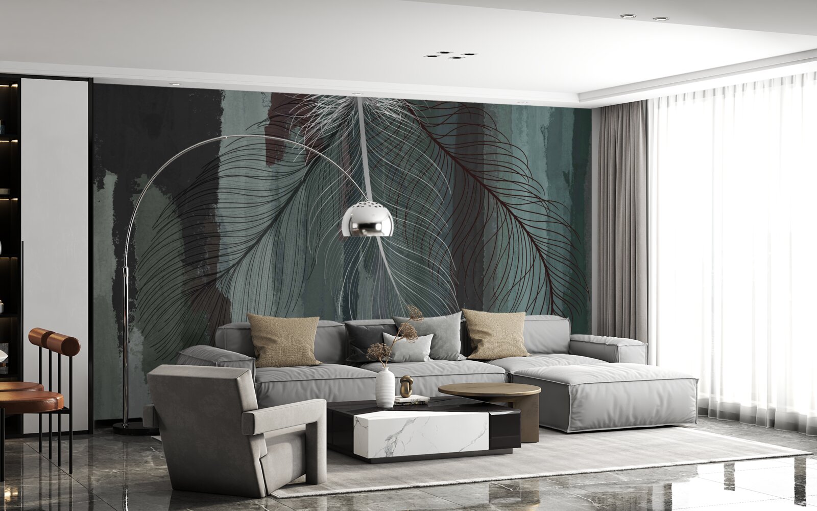 Фотошпалери темний фон, прикрашений тропічним пір'ям