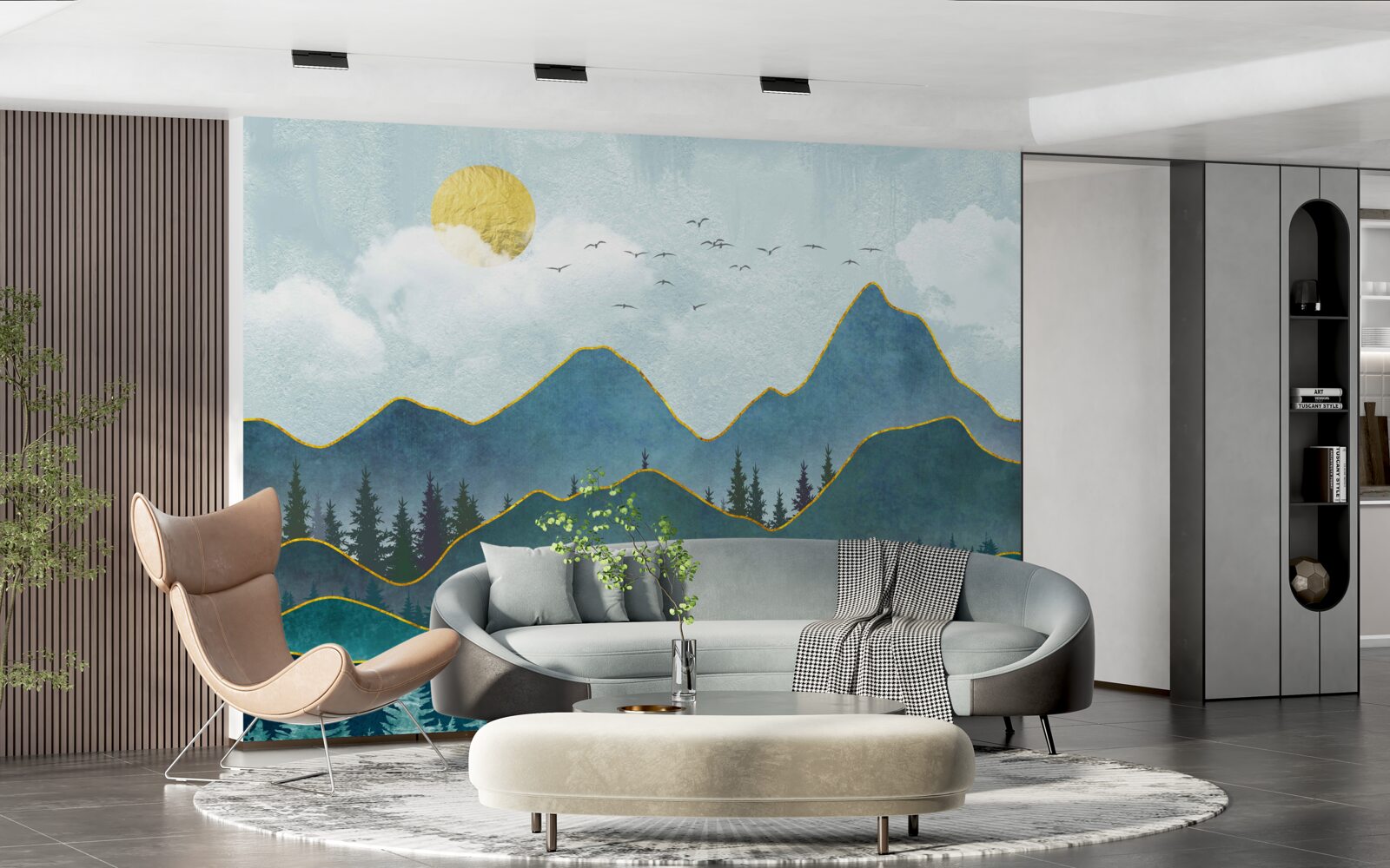 Фотошпалери графічне зображення річкової долини та гірського дерева