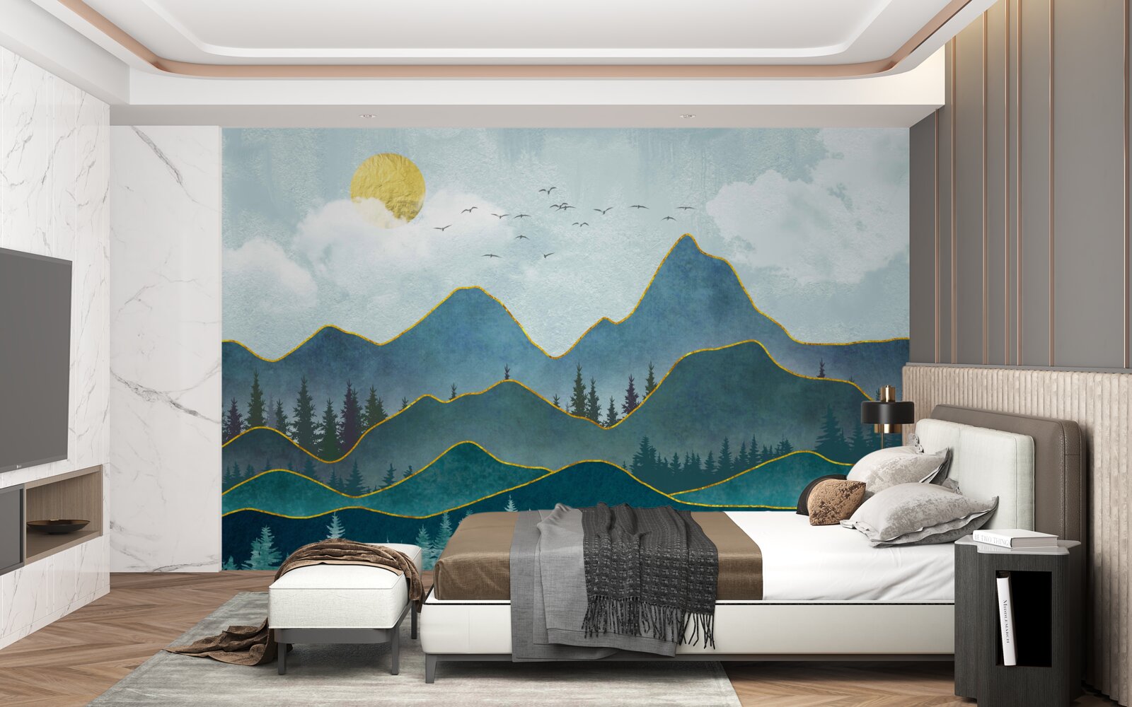 Фотошпалери графічне зображення річкової долини та гірського дерева