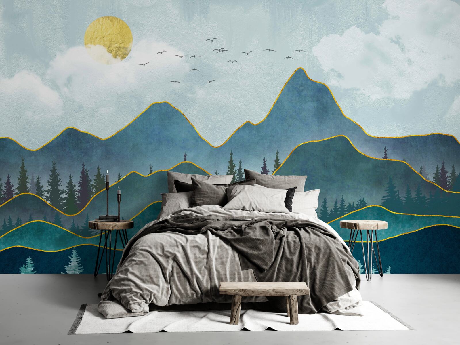 Фотошпалери графічне зображення річкової долини та гірського дерева