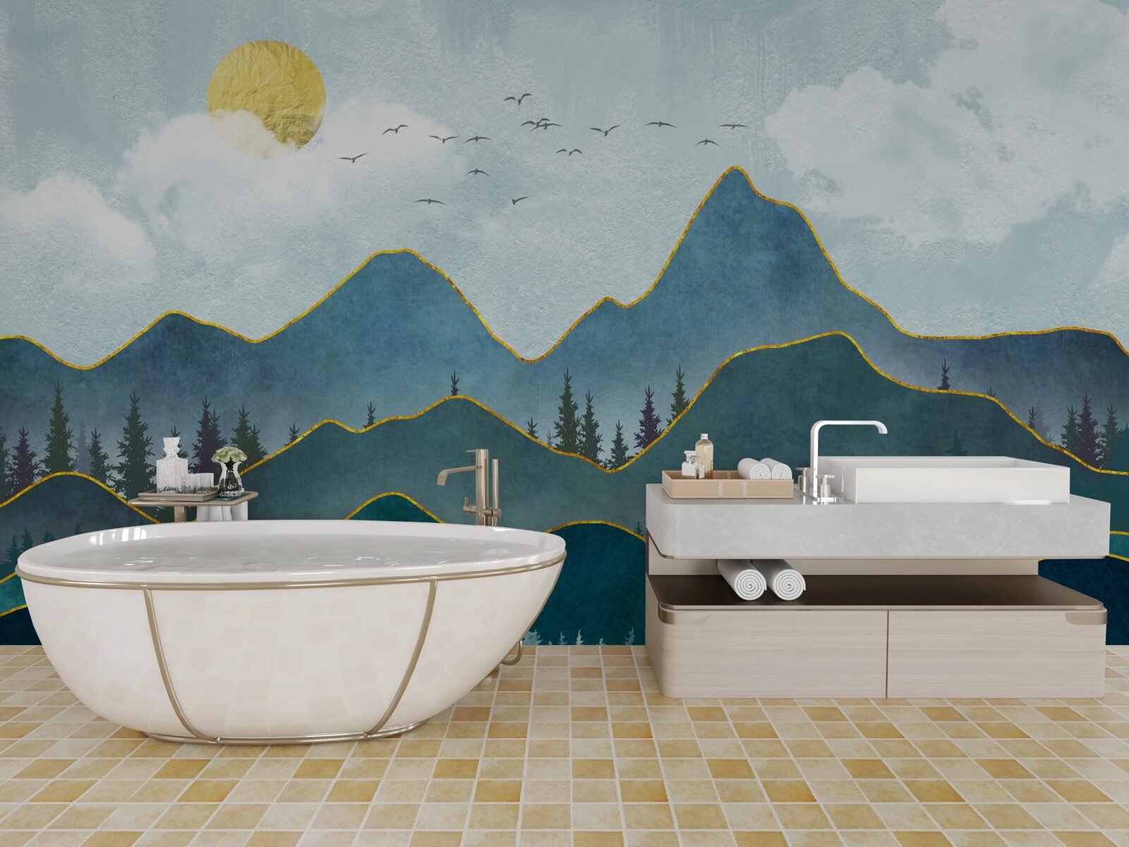 Фотошпалери графічне зображення річкової долини та гірського дерева