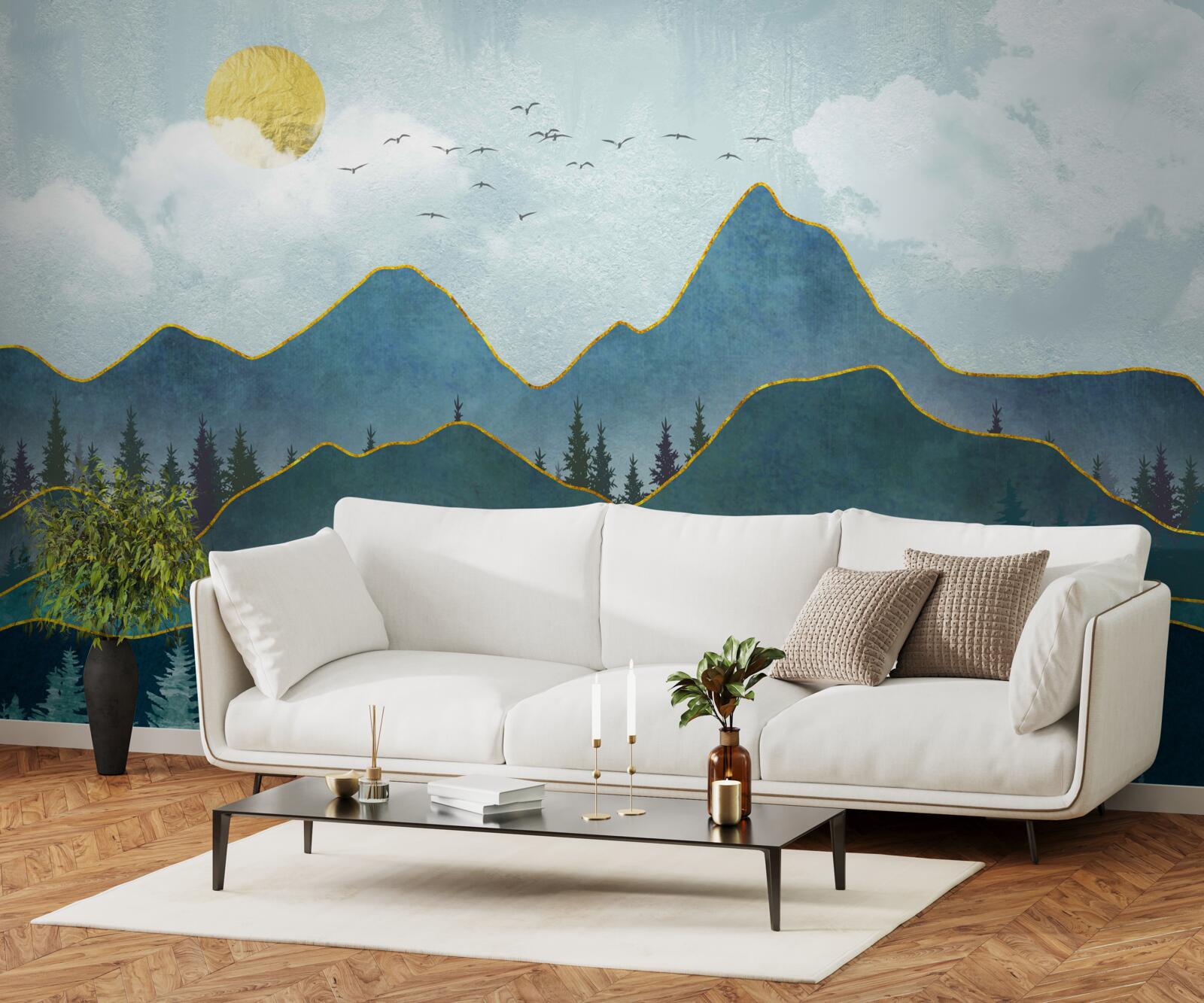 Фотошпалери графічне зображення річкової долини та гірського дерева