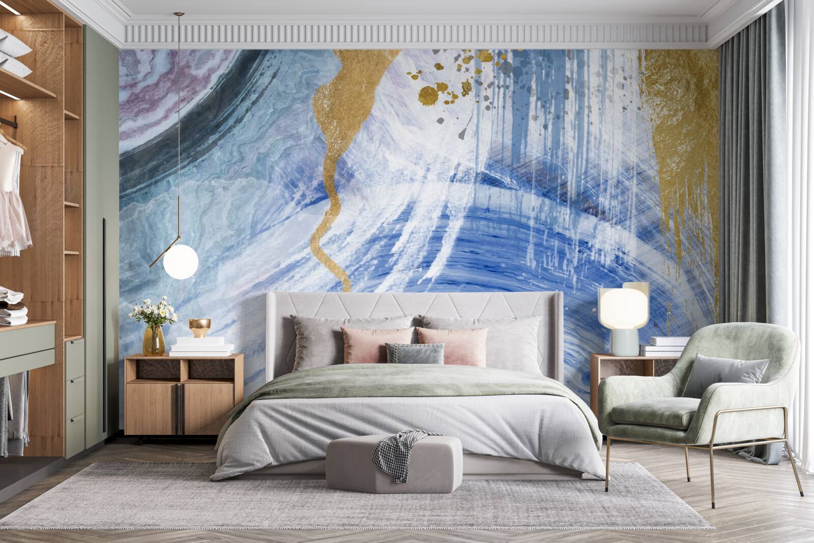 Фотошпалери коричневі потоки на тлі синіх плям