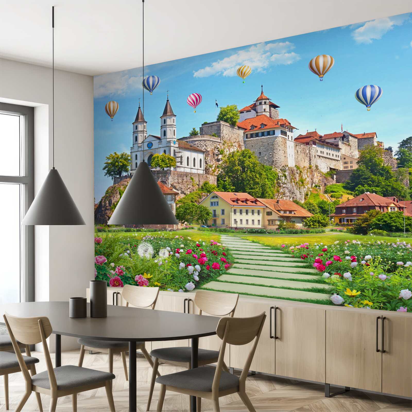 Фотошпалери різнокольорові повітряні кулі злітають високо над міськими дахами