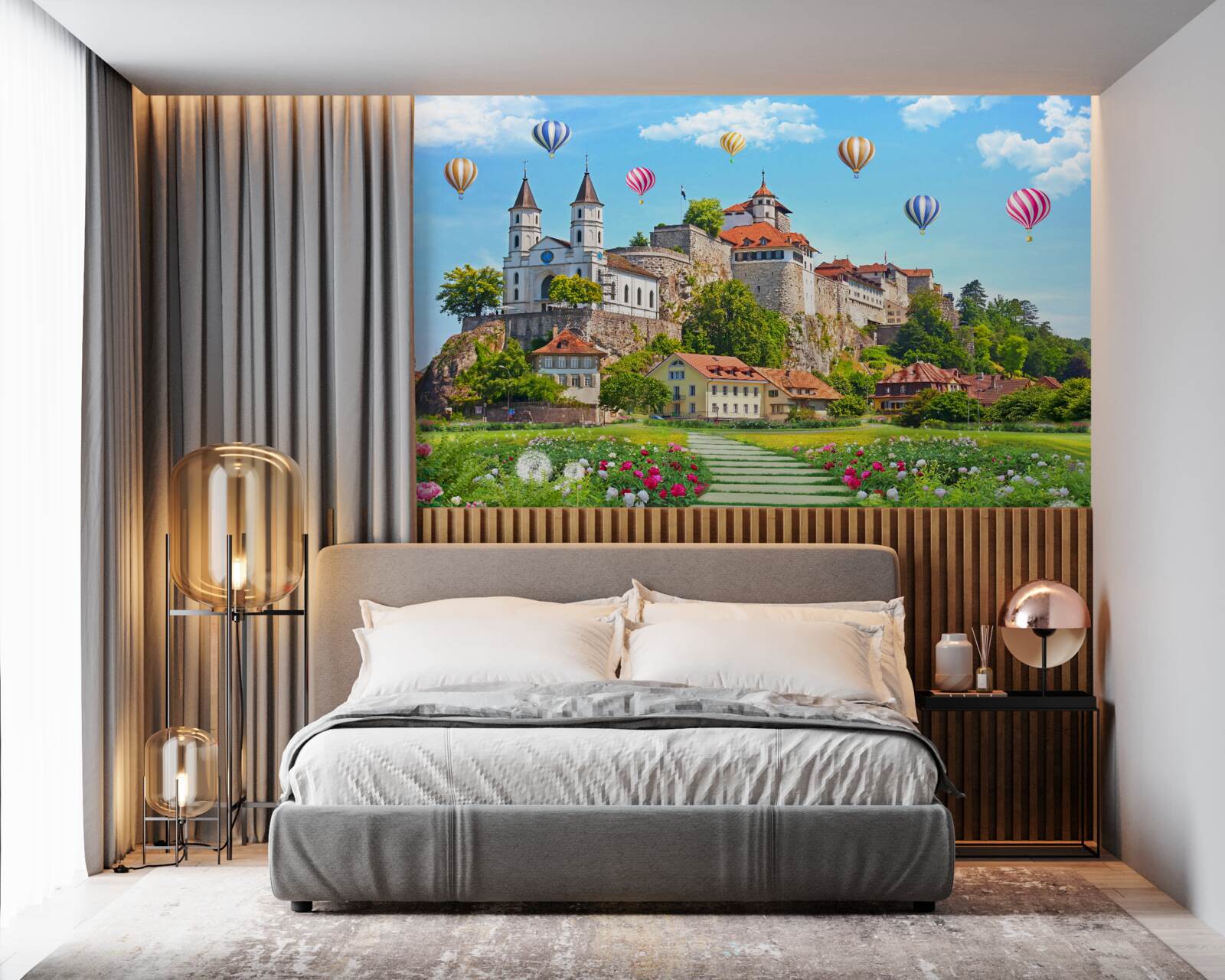 Фотошпалери різнокольорові повітряні кулі злітають високо над міськими дахами