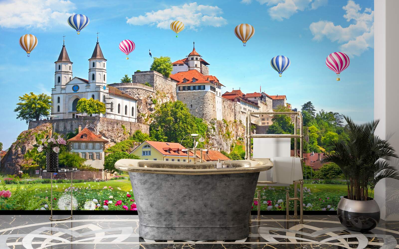 Фотошпалери різнокольорові повітряні кулі злітають високо над міськими дахами