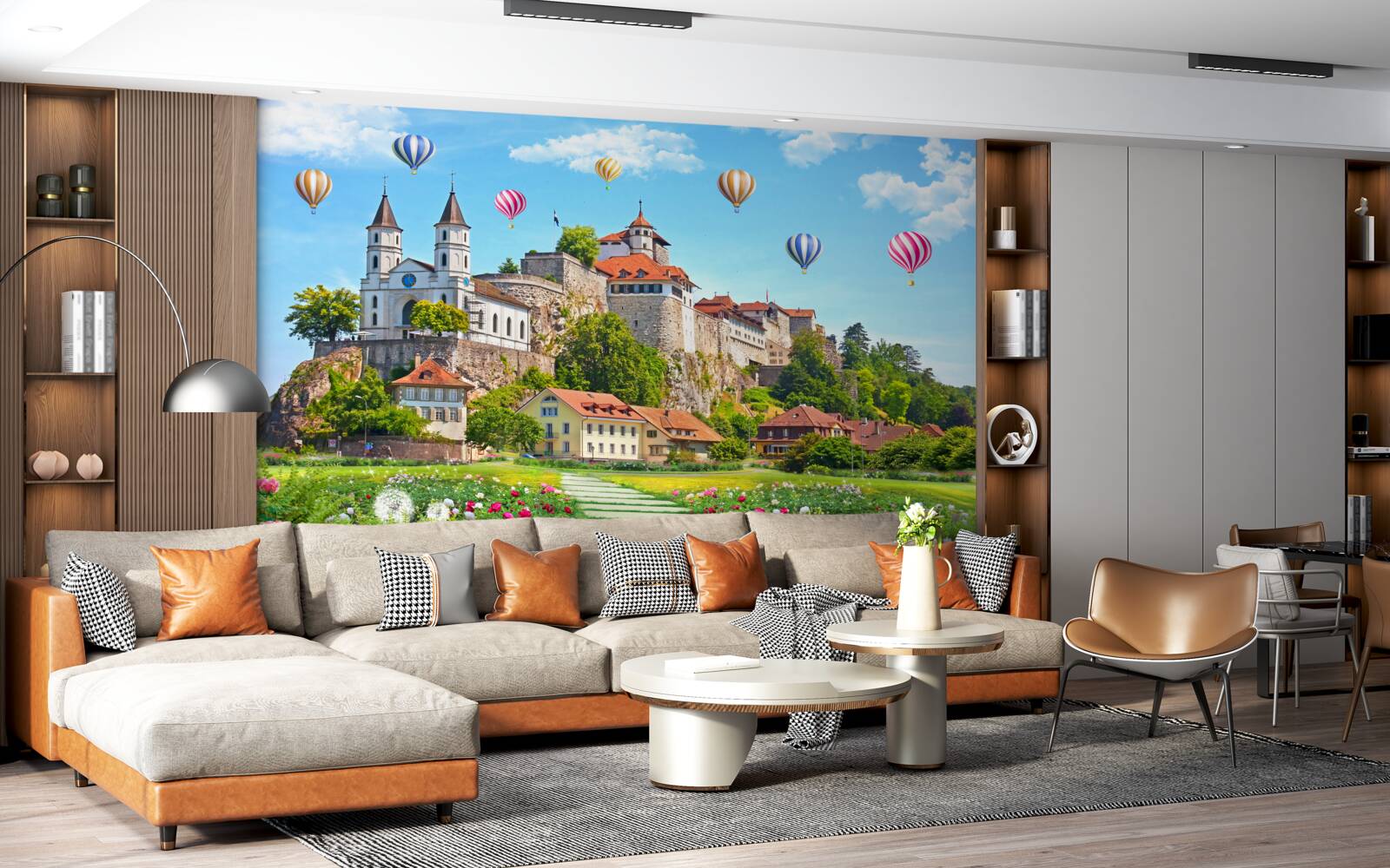 Фотошпалери різнокольорові повітряні кулі злітають високо над міськими дахами