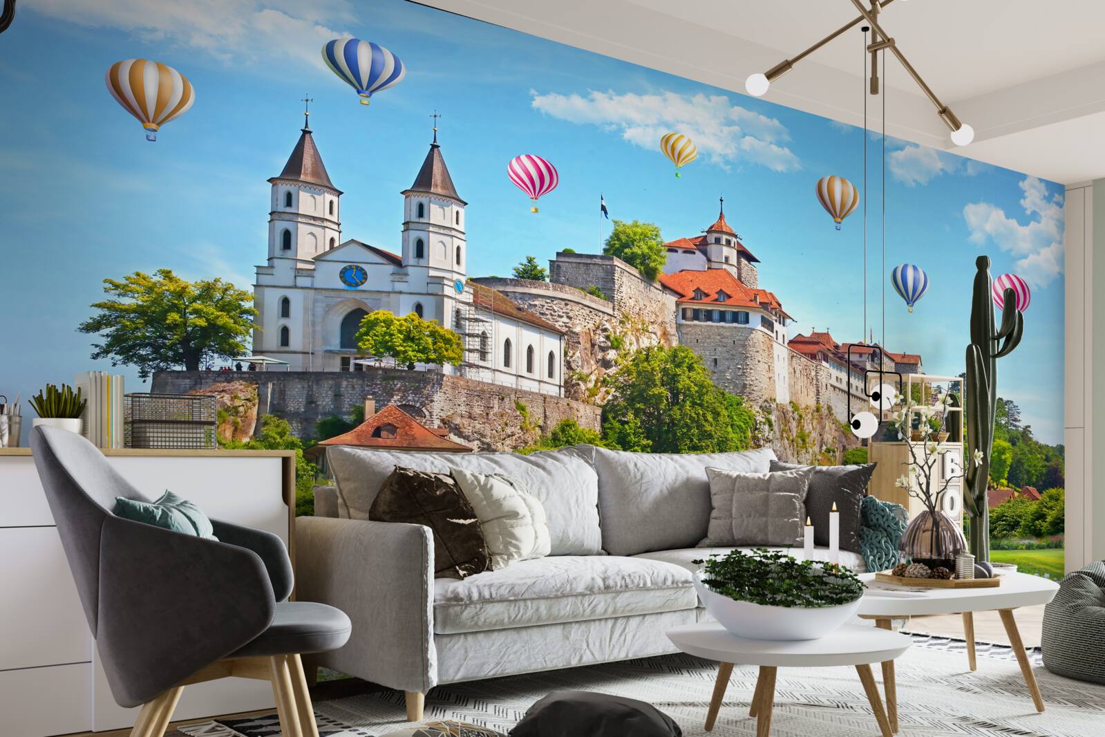 Фотошпалери різнокольорові повітряні кулі злітають високо над міськими дахами