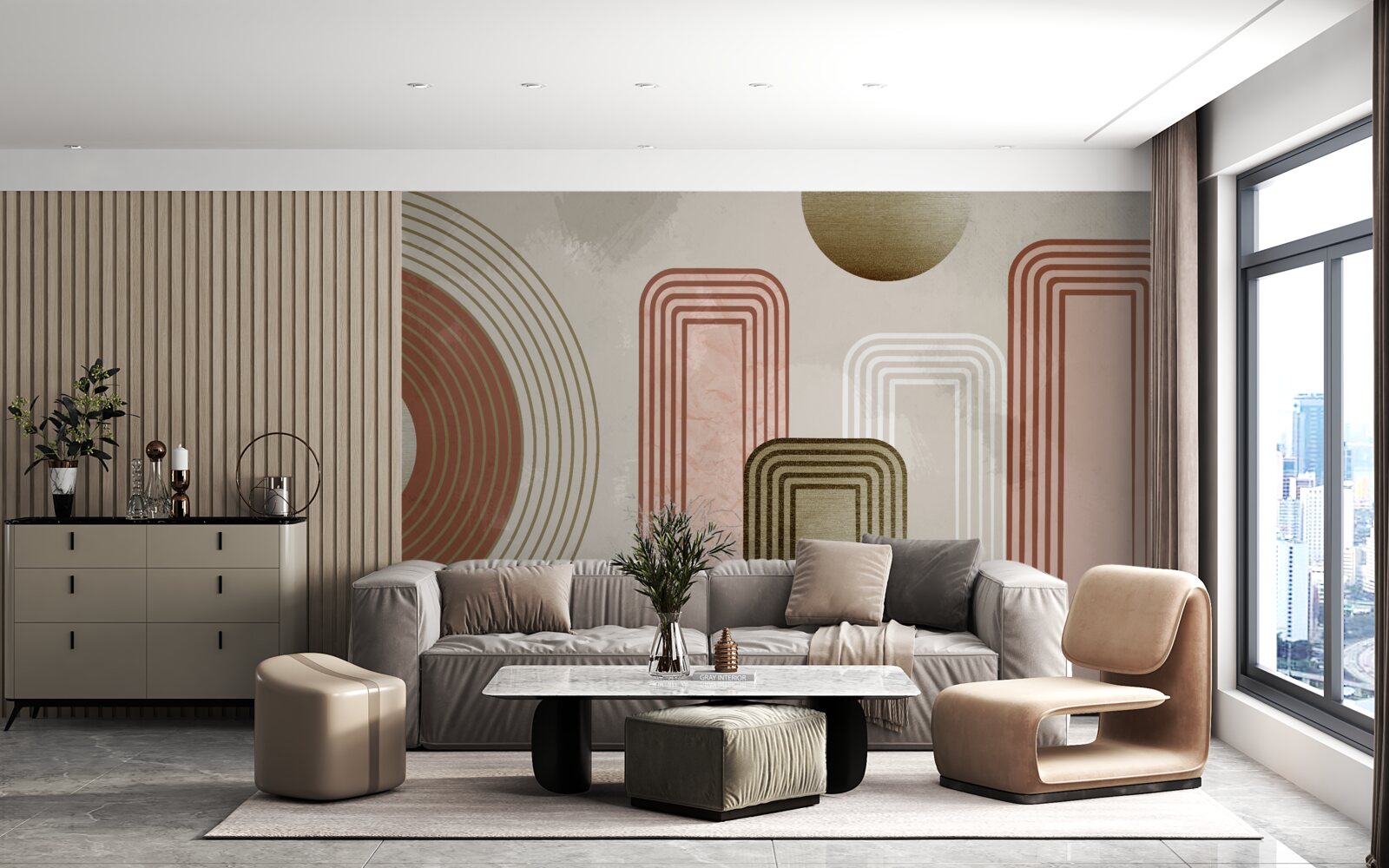 Фотошпалери м'які криві на сірому тлі