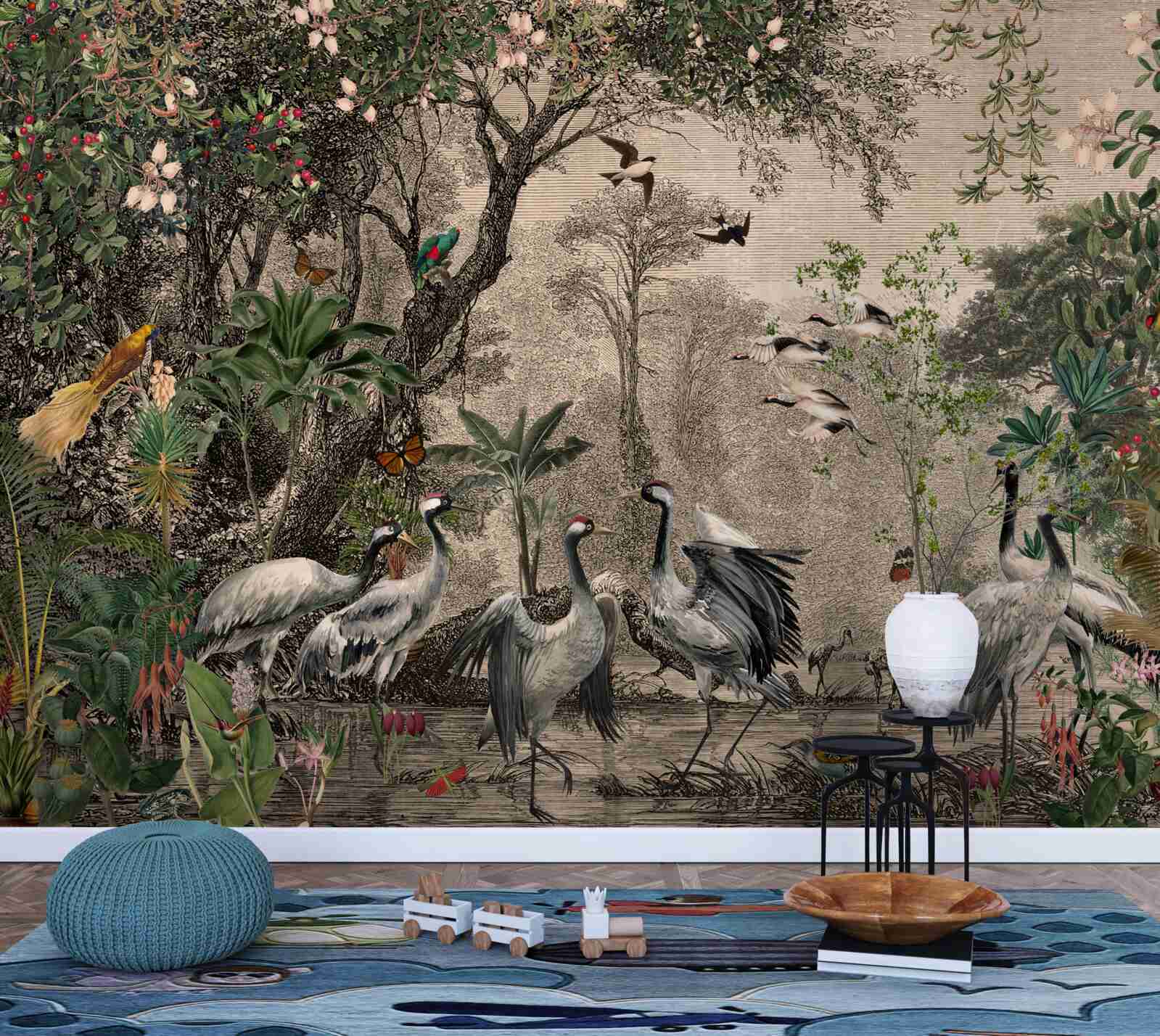 Фотошпалери скупчення журавлів біля лісового ставка