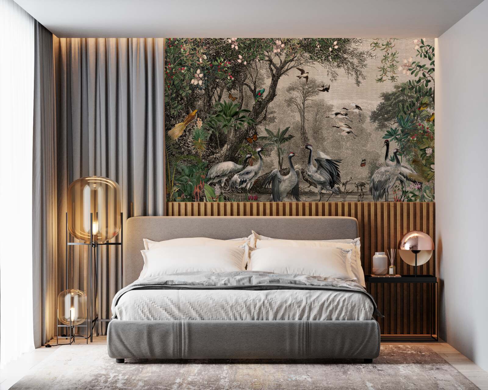 Фотошпалери скупчення журавлів біля лісового ставка