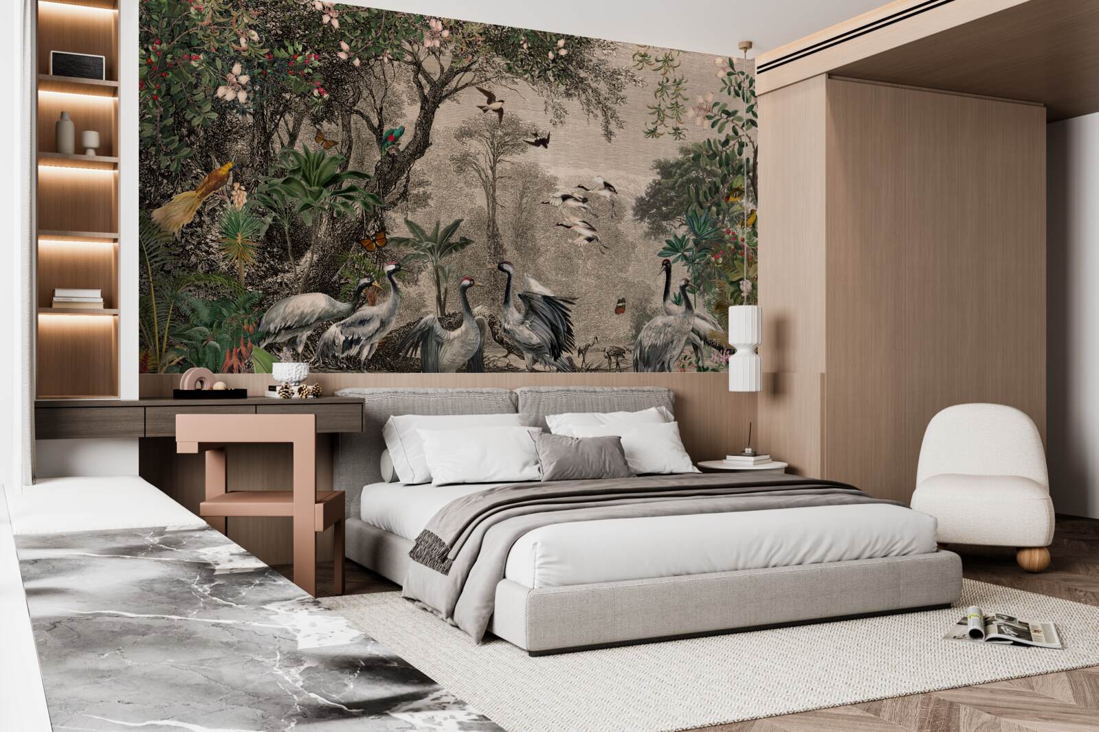 Фотошпалери скупчення журавлів біля лісового ставка