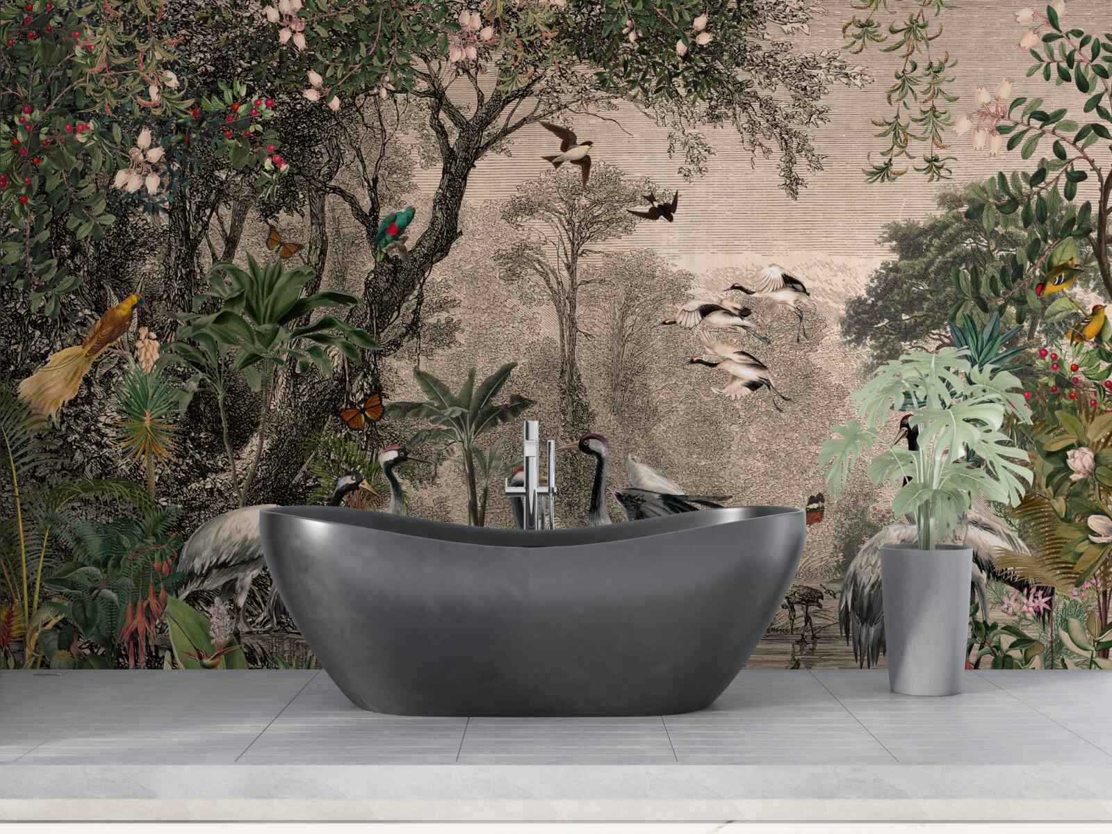 Фотошпалери скупчення журавлів біля лісового ставка