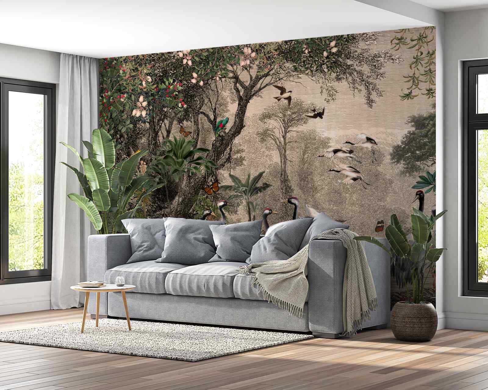 Фотошпалери скупчення журавлів біля лісового ставка