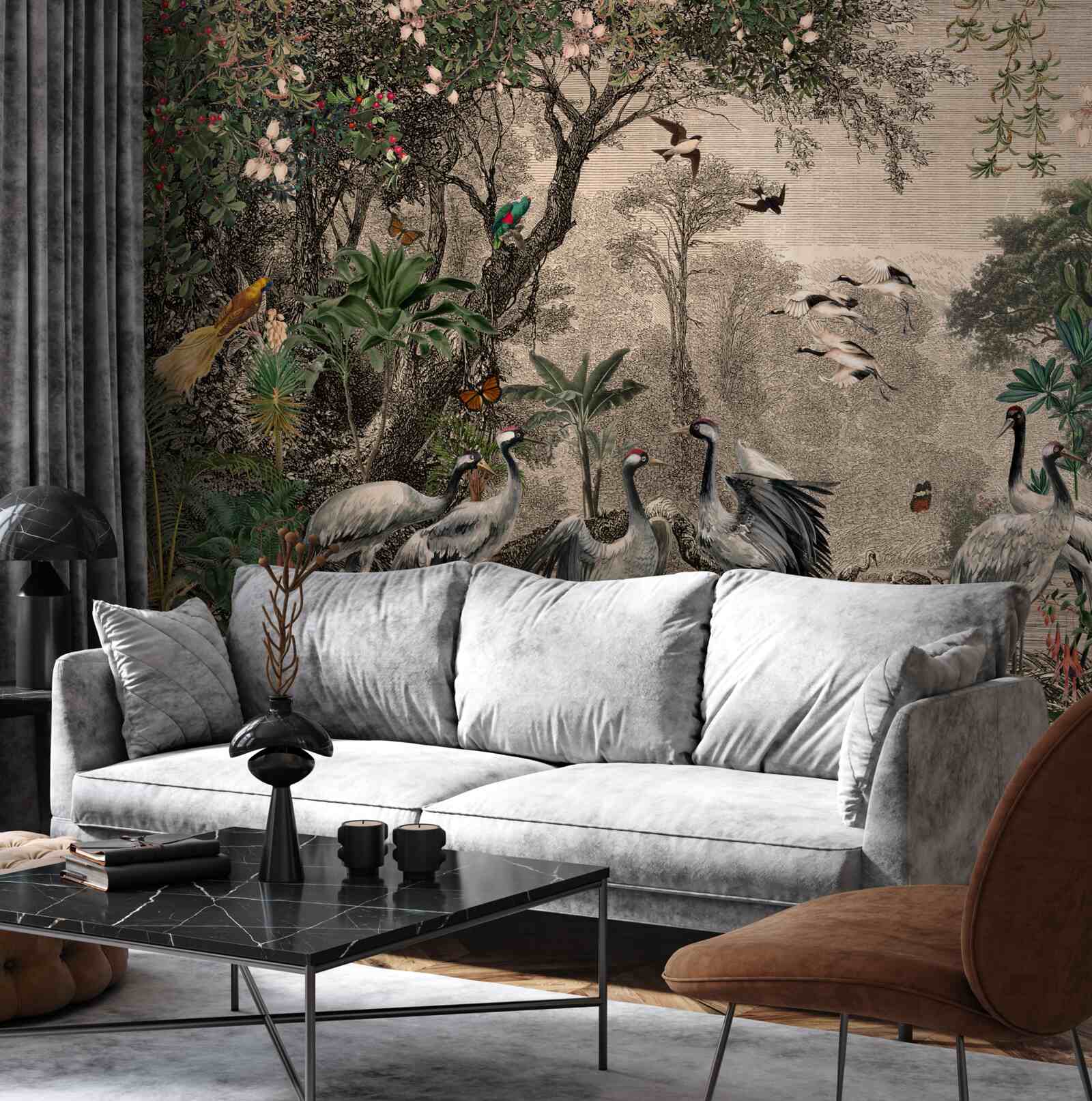 Фотошпалери скупчення журавлів біля лісового ставка