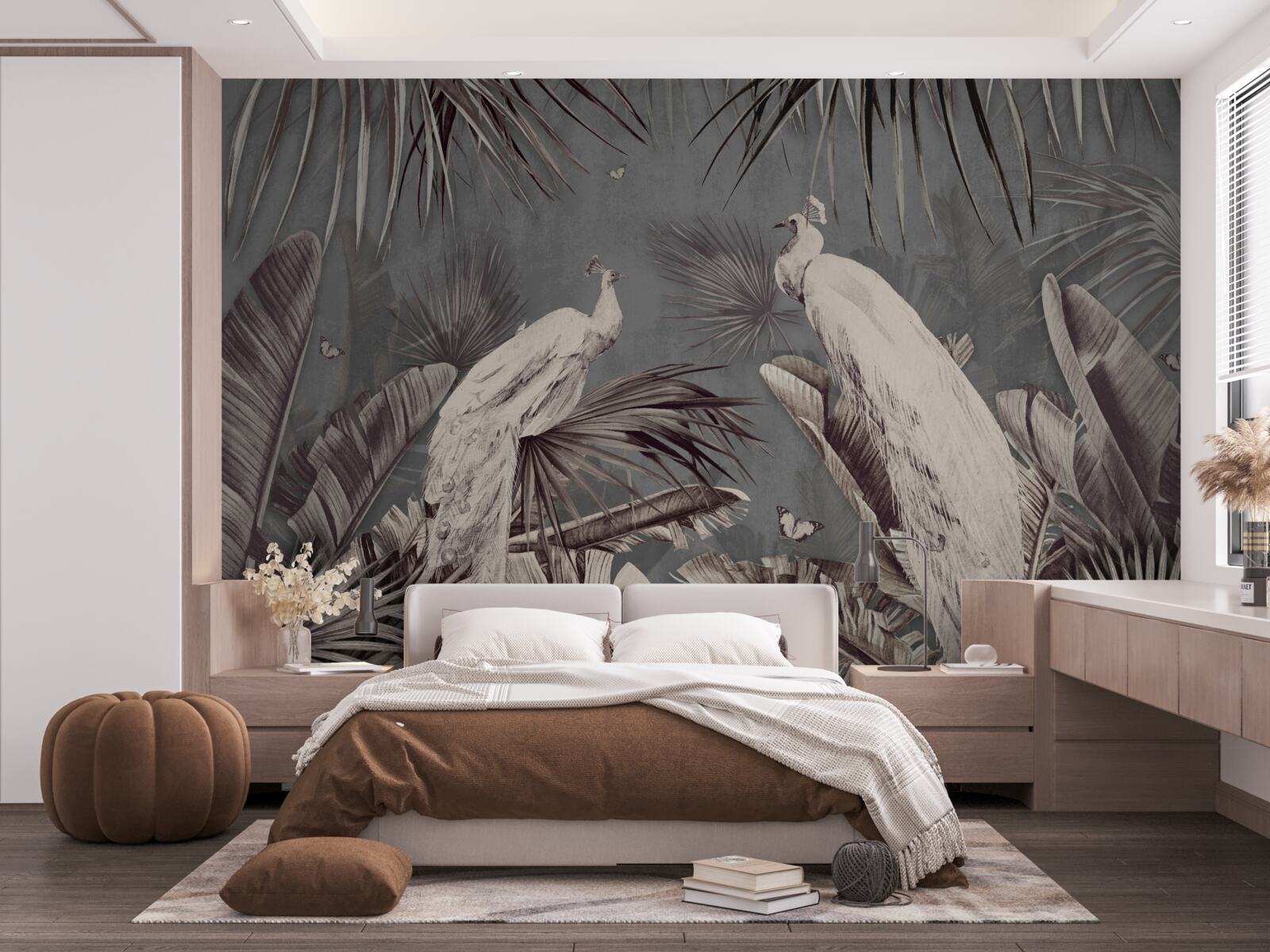 Фотошпалери білі павичі готуються до дощу