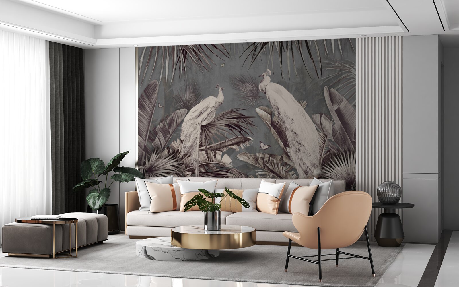 Фотошпалери білі павичі готуються до дощу