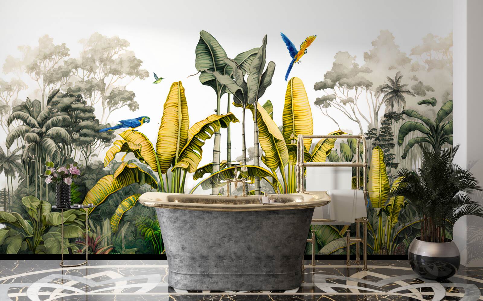 Фотошпалери великі гілки золотистої папороті в тропічному лісі