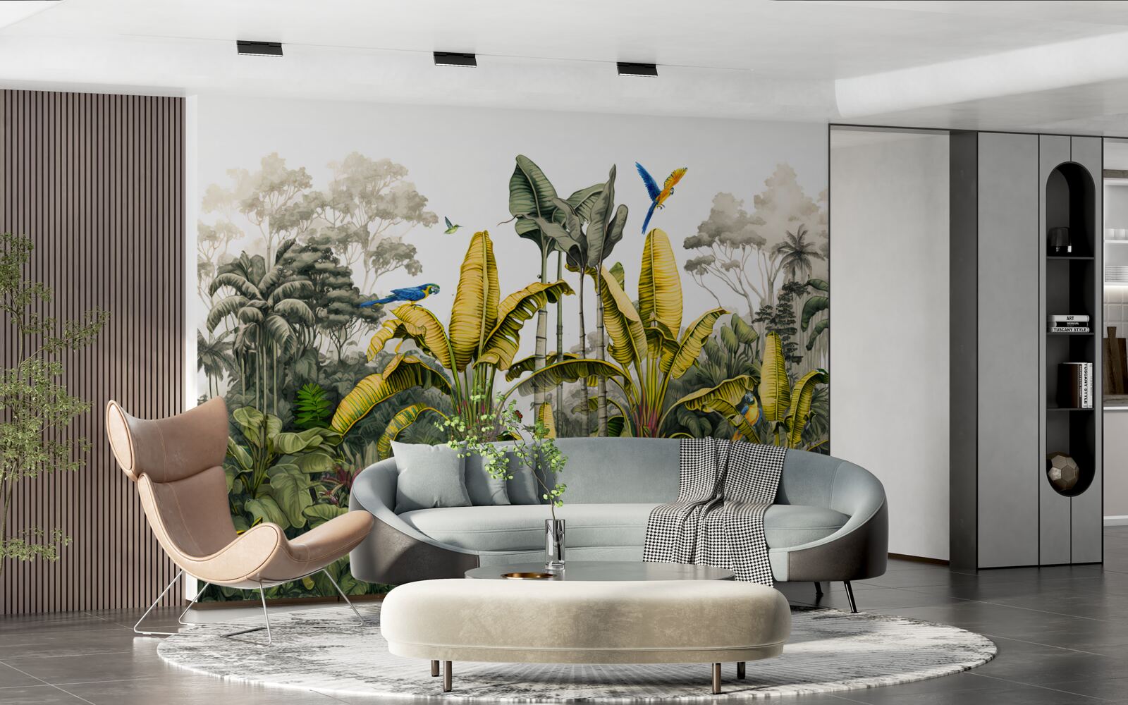 Фотошпалери великі гілки золотистої папороті в тропічному лісі