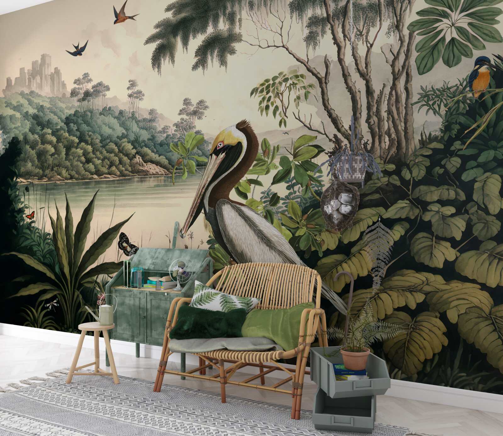 Фотошпалери пелікан шукає їжу в озерних водах