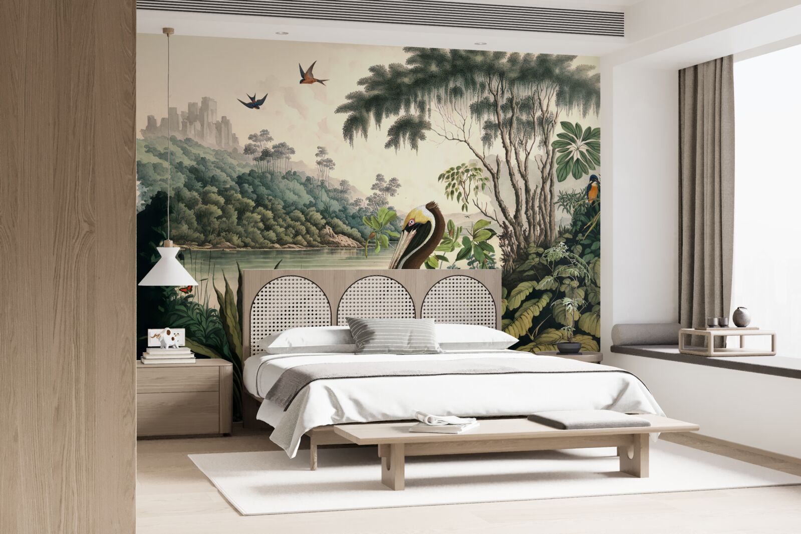 Фотошпалери пелікан шукає їжу в озерних водах