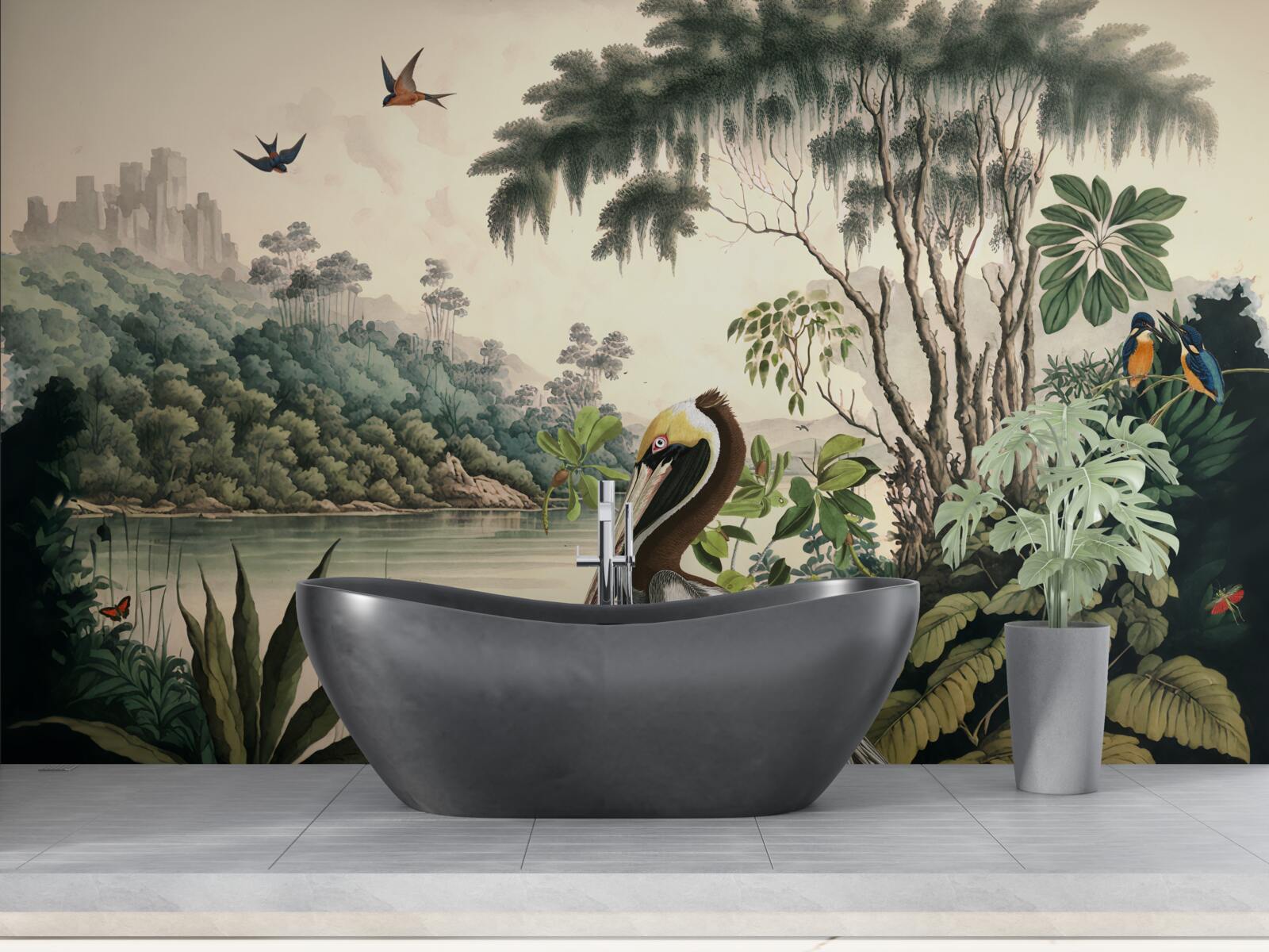 Фотошпалери пелікан шукає їжу в озерних водах