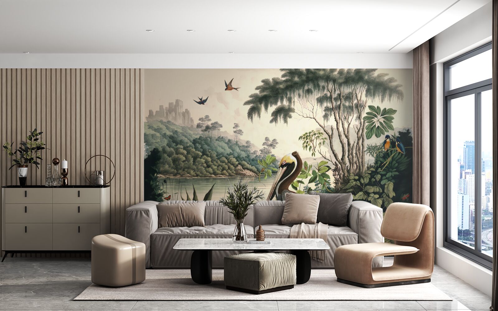 Фотошпалери пелікан шукає їжу в озерних водах