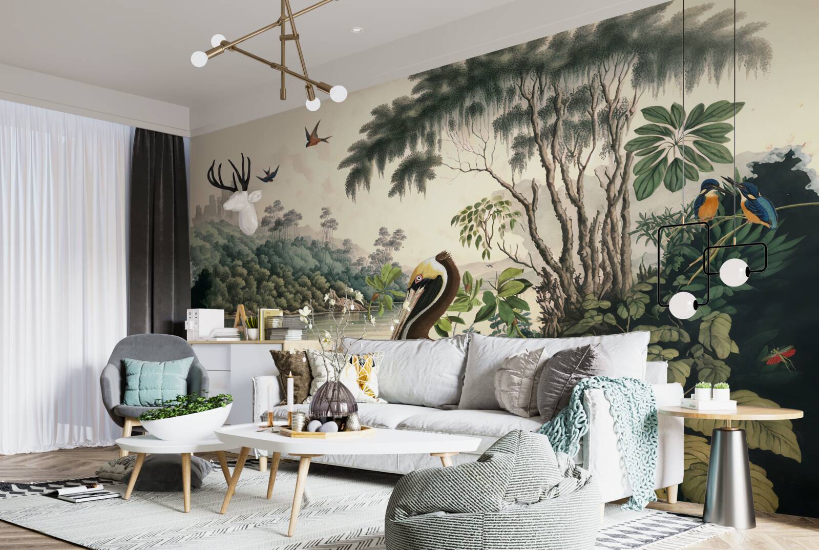 Фотошпалери пелікан шукає їжу в озерних водах