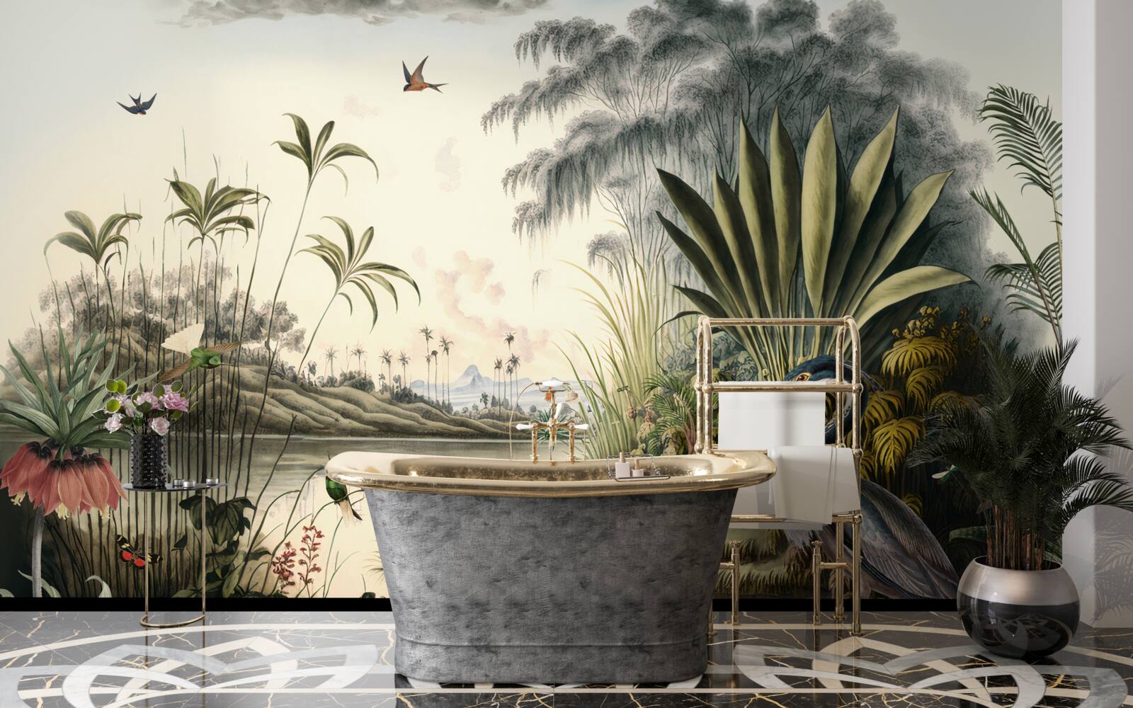 Фотошпалери Журавель біля зеленуватого ставка