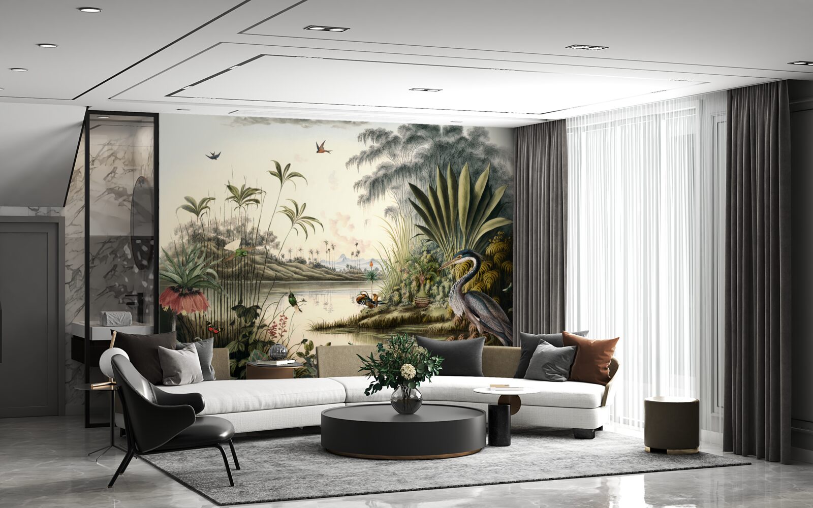 Фотошпалери Журавель біля зеленуватого ставка