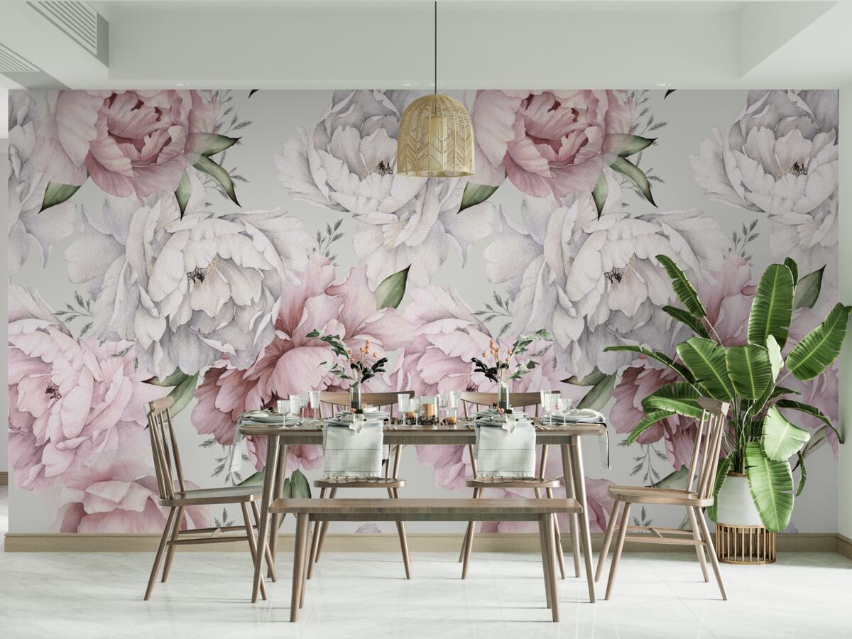 Фотошпалери красиві півонії у відтінках білого та рожевого