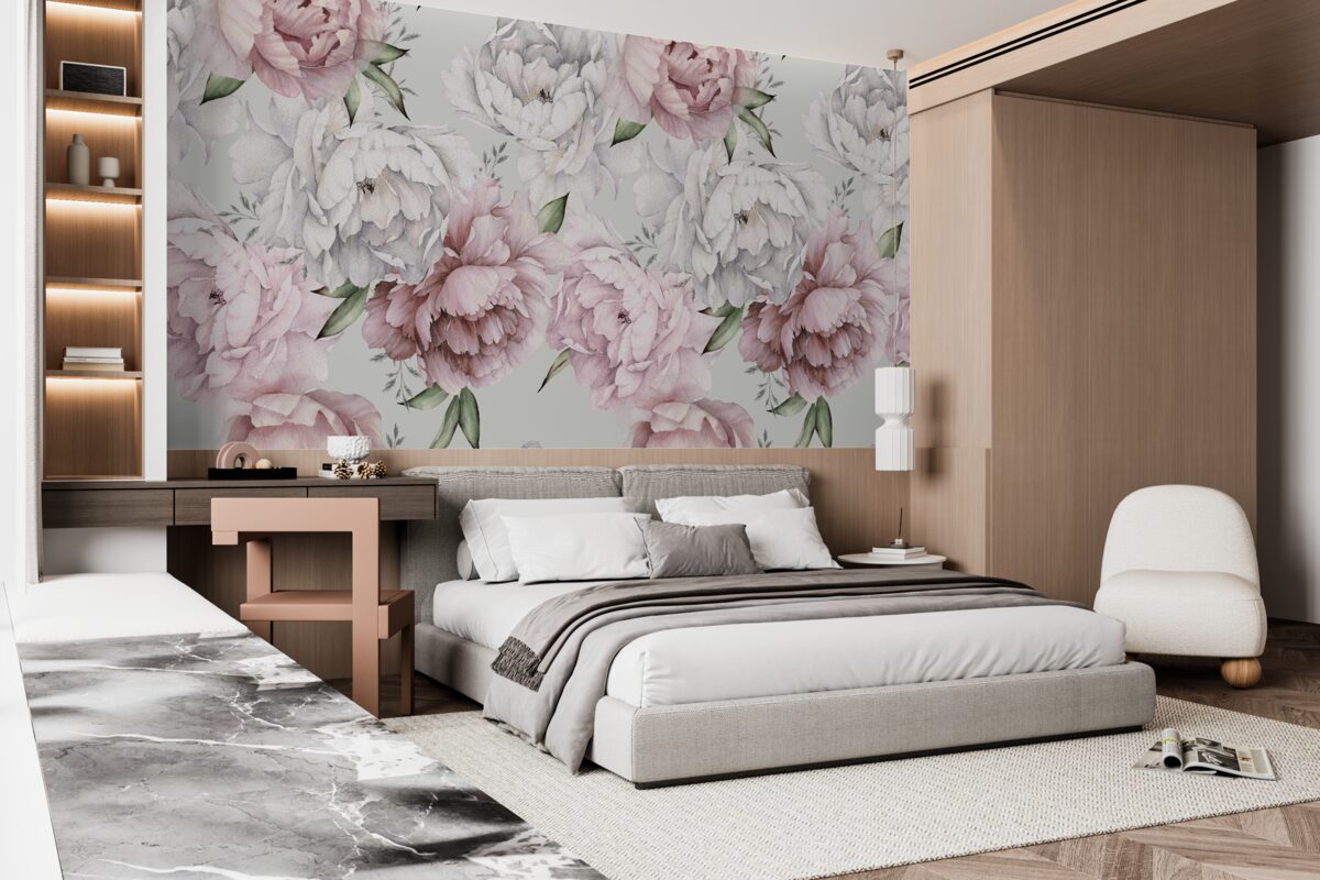Фотошпалери красиві півонії у відтінках білого та рожевого