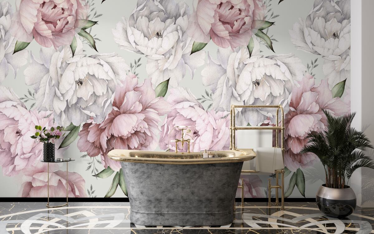 Фотошпалери красиві півонії у відтінках білого та рожевого