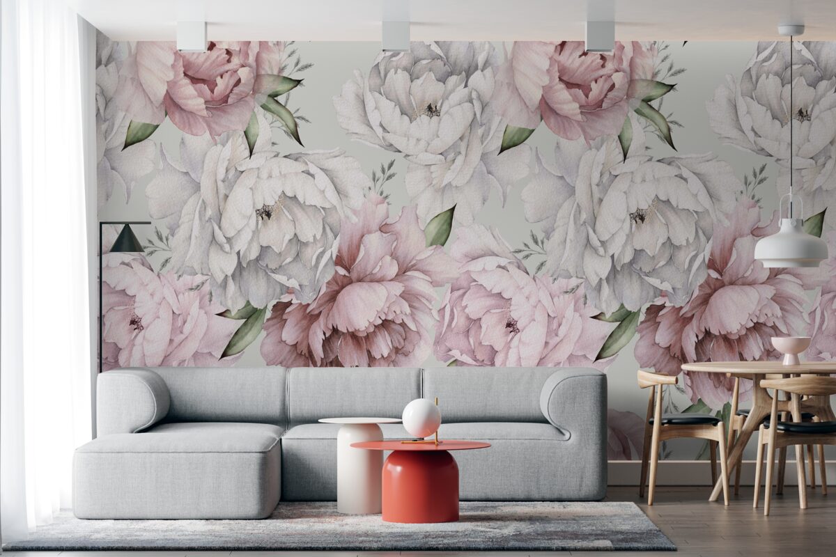 Фотошпалери красиві півонії у відтінках білого та рожевого