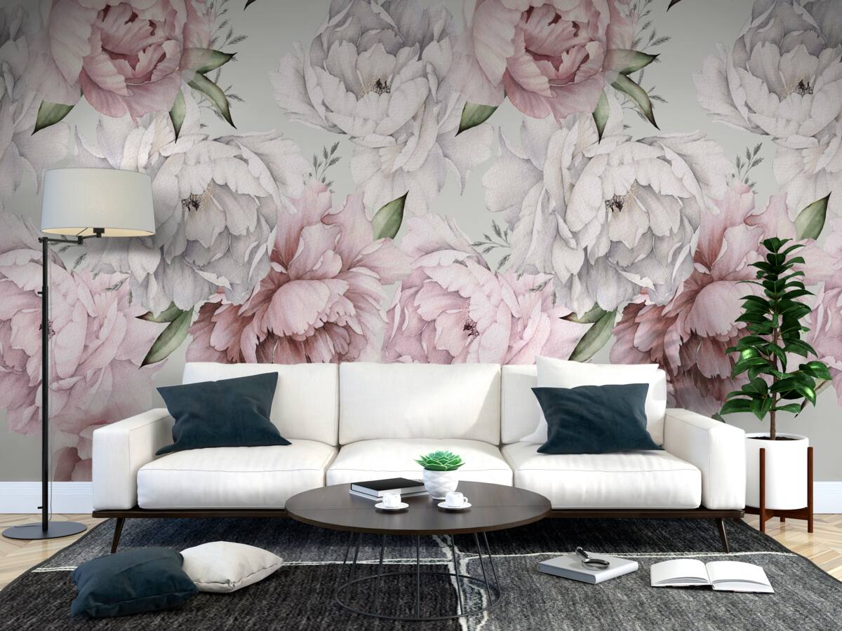 Фотошпалери красиві півонії у відтінках білого та рожевого