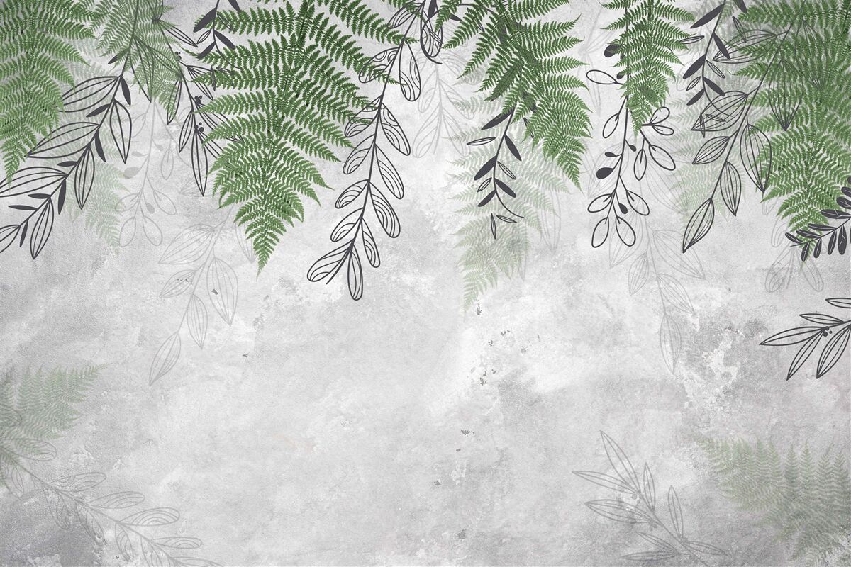 Фотошпалери листя папороті зеленого кольору на сірому тлі