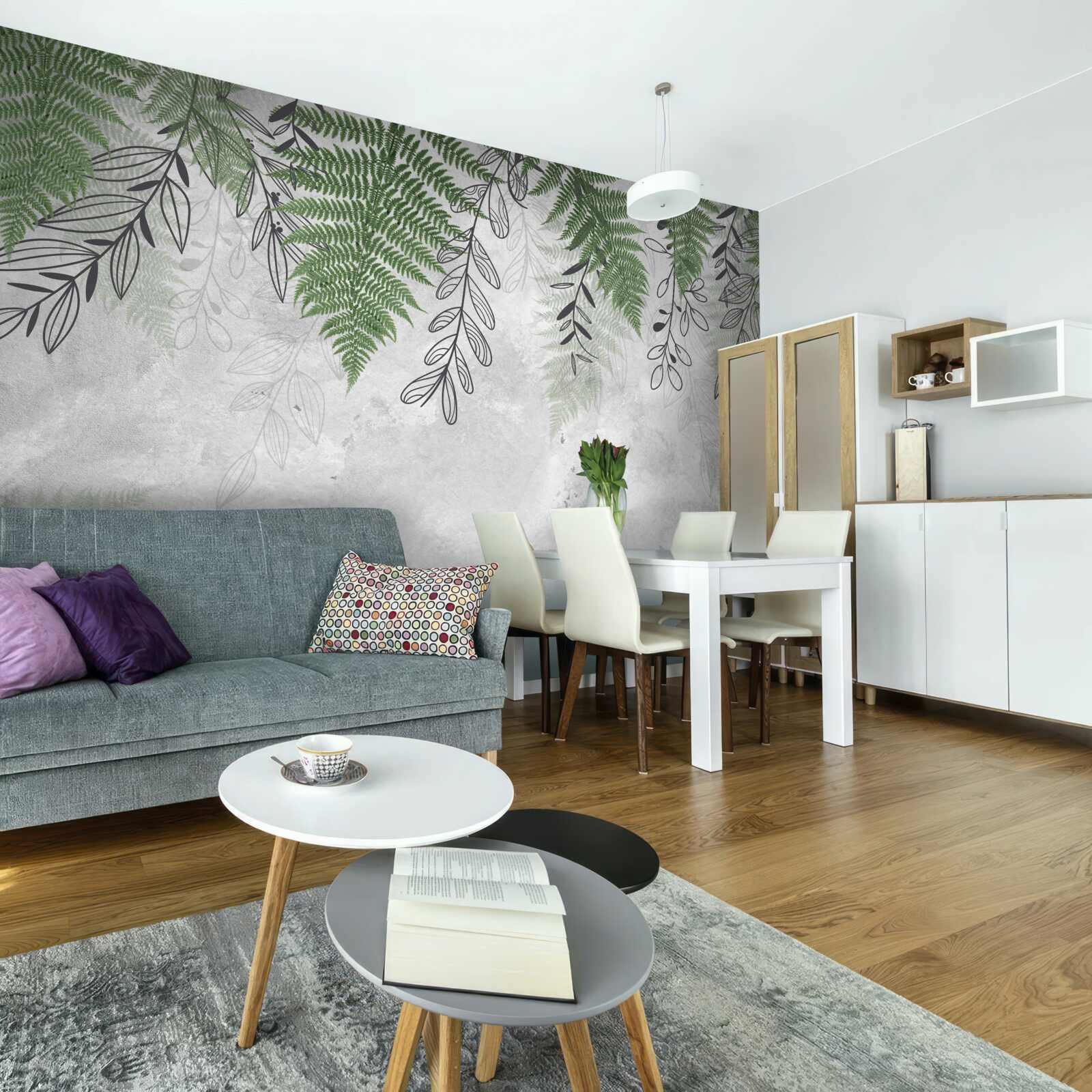 Фотошпалери листя папороті зеленого кольору на сірому тлі