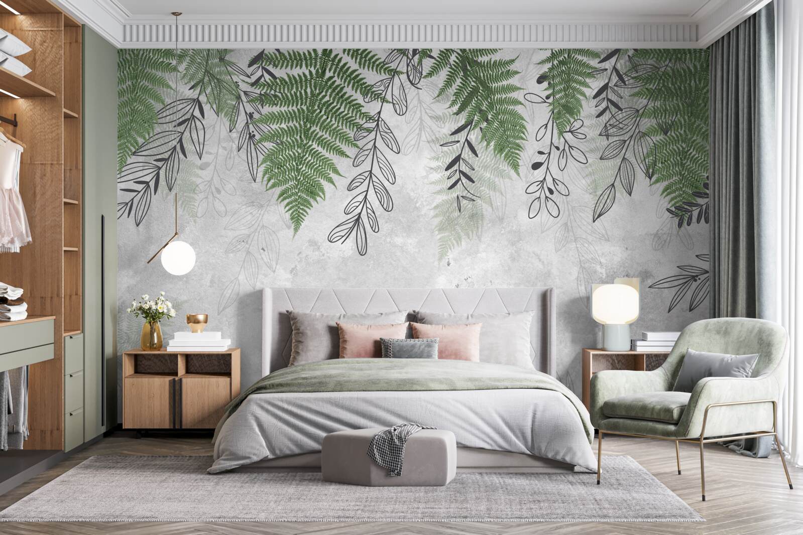 Фотошпалери листя папороті зеленого кольору на сірому тлі