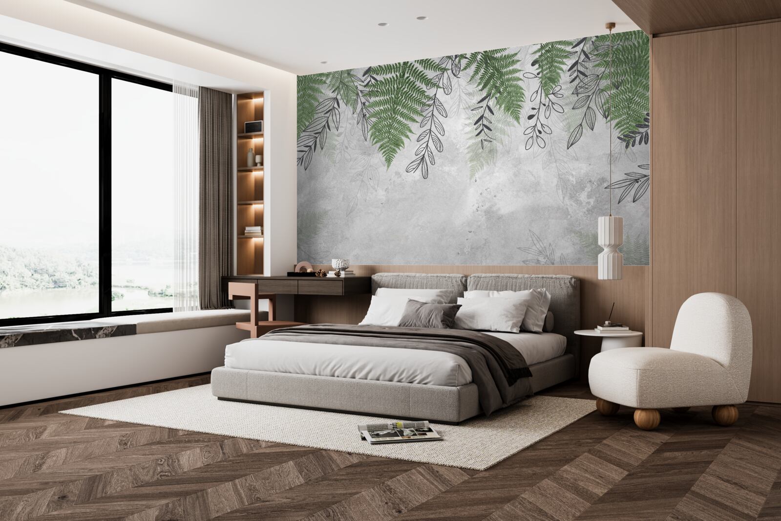 Фотошпалери листя папороті зеленого кольору на сірому тлі