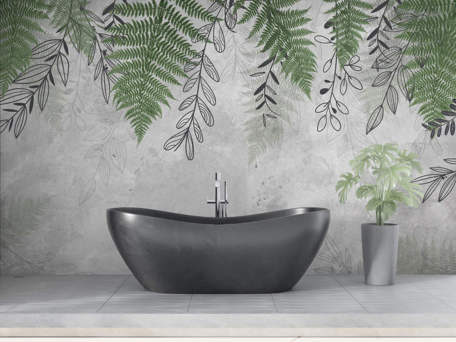 Фотошпалери листя папороті зеленого кольору на сірому тлі
