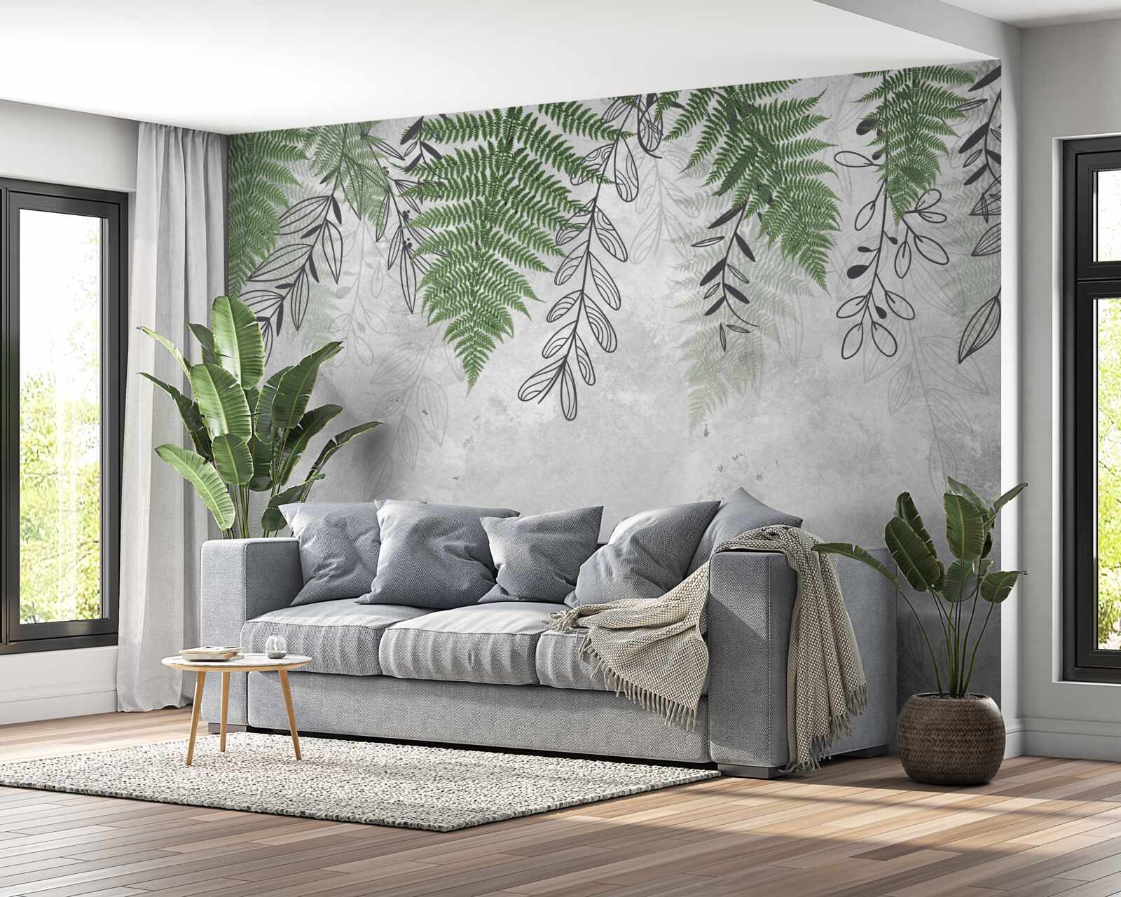 Фотошпалери листя папороті зеленого кольору на сірому тлі