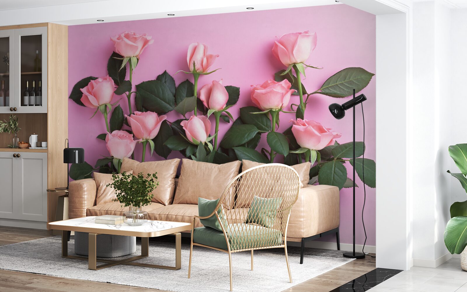 Фотошпалери ніжні рожеві троянди на суцільному рожевому тлі