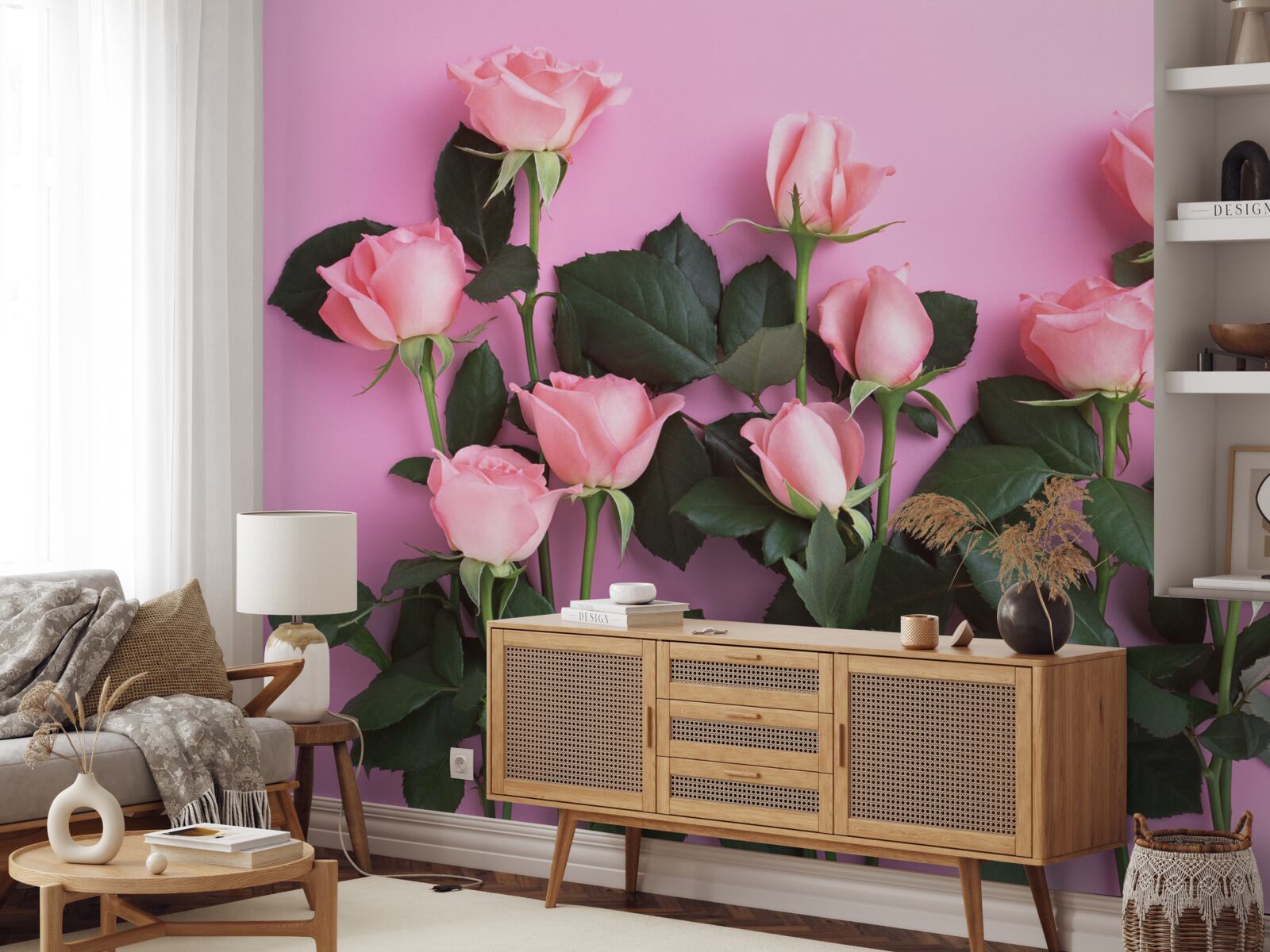 Фотошпалери ніжні рожеві троянди на суцільному рожевому тлі